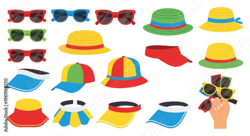 Summer fashion accessories set with colorful sunglasses sun hats and visors for beach vacation.