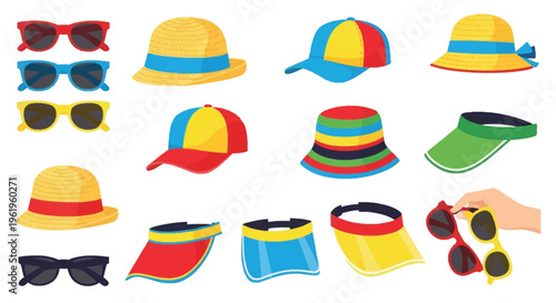Collection of summer headwear and eyewear featuring straw hats baseball caps visors and sunglasses.