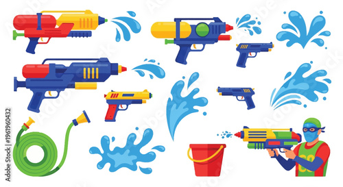 Group of water guns and water splashes, summer water fight and outdoor fun.
