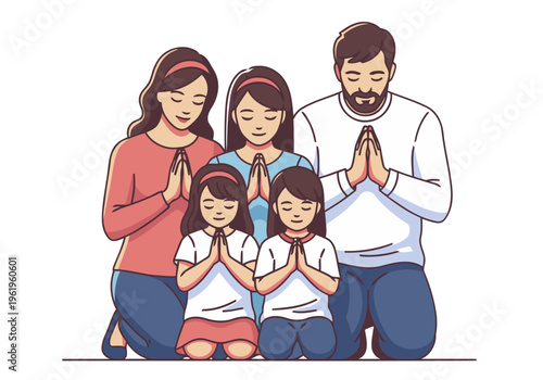 A loving family kneels in prayer, symbolizing peace and togetherness. A heartwarming illustration perfect for Easter and family themes.