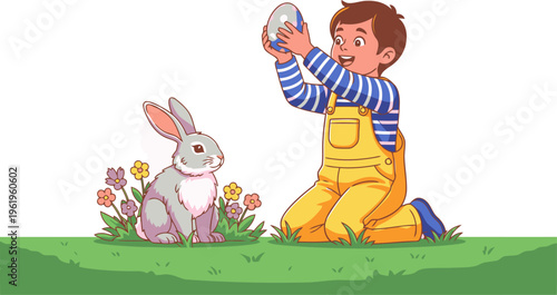 A joyful young boy discovers an Easter egg with a friendly bunny in a vibrant outdoor setting. Bright colors and a playful composition create a heartwarming scene.