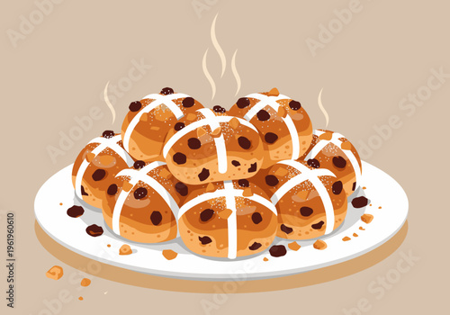 A stack of delicious Buns Cross Easter sweets sits on a plate, steaming gently. Warm colors and a festive design make this image perfect for food marketing.