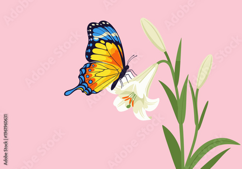 A vibrant butterfly lily Easter fly illustration on a soft purple background. Delicate floral and butterfly details create a charming, springtime scene.