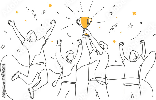 A diverse group of joyful individuals celebrates their shared success, proudly raising a shining golden trophy in triumph, symbolizing teamwork and collective achievement.