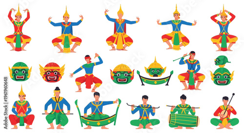 Thai traditional dance and khon performance with masks and musical instruments flat vector illustration set.