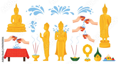 Thai traditional songkran festival elements with golden buddha statues.