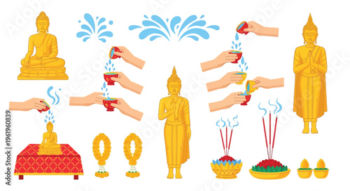 Buddhist ritual water pouring ceremony with gold statues and flowers.