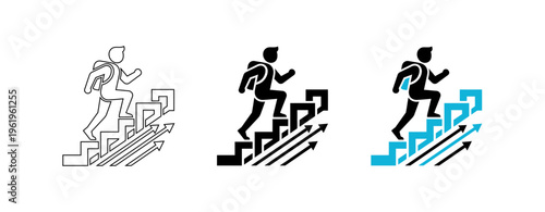 Modern minimalist vector icon of a man climbing stairs with backpack and growth arrows for career progress and success