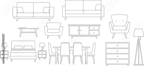 Collection of modern minimalist outline furniture icons presented in a clean black and white line art style, perfect for illustrating various interior home living spaces and their essential elements.