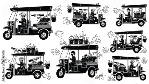 Songkran festival water fight in thailand tuk tuk, people splash water, travel traditional new year in thailand black white.