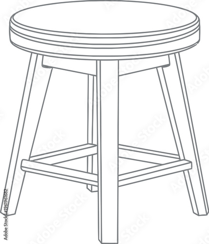 Clean line art illustration of a modern wooden bar stool with a round seat and sturdy legs, depicting furniture for kitchens, bars, or cafes in a minimalist black and white vector style.