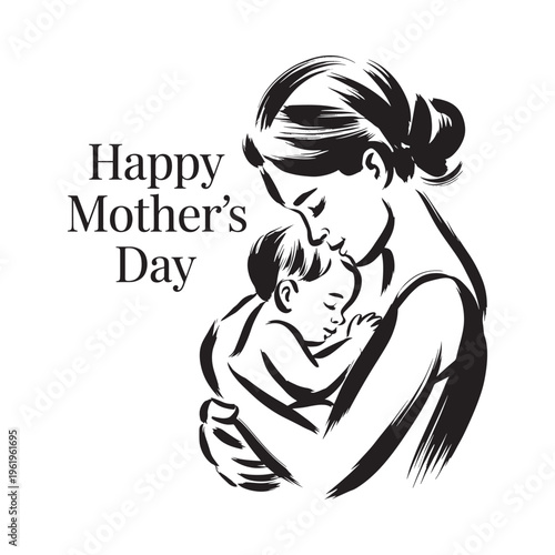 Fotografía A black and white illustration depicting a mother lovingly embracing her baby