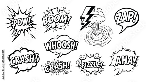 Black and white comic book sound effects such as pow boom zap slam whoosh crash fizzle aha.