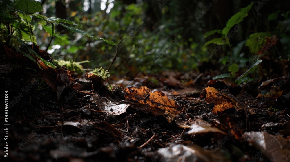 Obraz premium Forest floor scene with scattered dried leaves twigs and muddy earth clumps in autumnal setting