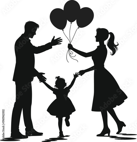 Happy family silhouette with father, mother holding balloons, and a little girl dancing together for birthday celebration or parenting concept