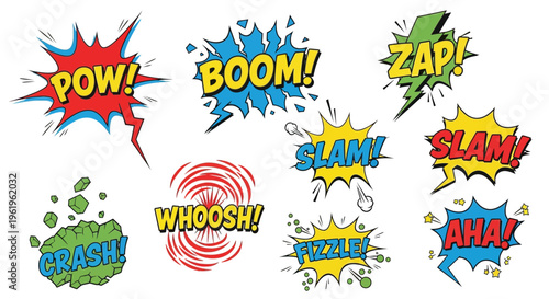 Set of colorful comic book sound effect words like pow boom zap slam whoosh crash fizzle aha.