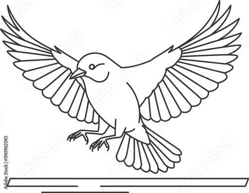 Elegant line art illustration featuring a charming bird in graceful flight, wings extended wide, capturing the essence of freedom, nature, and peaceful movement, ideal for design elements.
