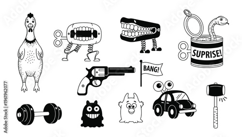Collection of funny cartoon wind up toys and comic book sound effects isolated on white background.