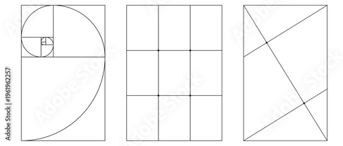 Set of design composition guides featuring golden ratio spiral rule of thirds and golden sections