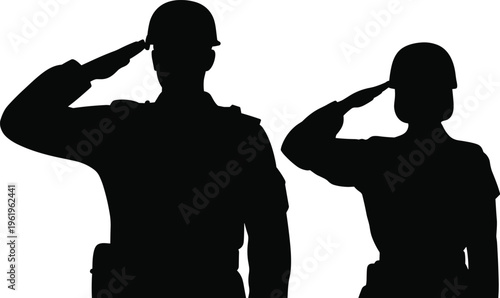 Saluting silhouettes illustration, military respect design, helmeted figures concept, discipline and honor symbol, uniformed service gesture, teamwork unity, formal salute, minimal vector