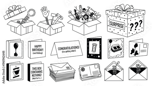 Surprise boxes and humorous greeting card bundle in line art style for birthday pranks and party tricks.