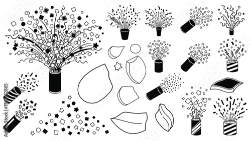 Black and white line art of confetti explosions and party poppers.