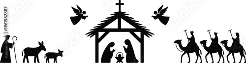 Nativity scene silhouette Christmas story illustration of Mary Joseph baby Jesus, three wise men, shepherd, animals and angels isolated on white
