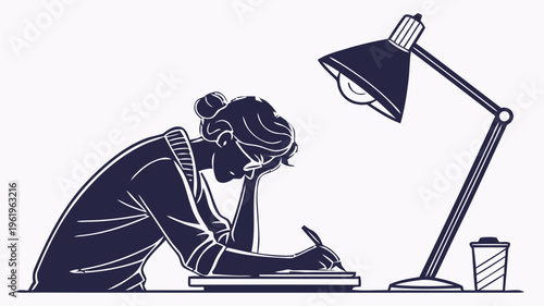 Person working late at night with desk lamp writing in notebook silhouette vector illustration