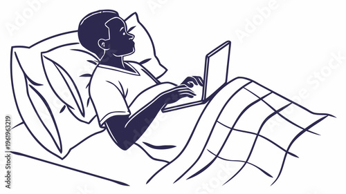 Person working on laptop in bed relaxed productive technology comfort home office remote work one person dark blue silhouette white background