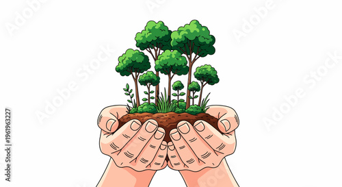 Two cupped hands holding a small patch of soil with a miniature forest of trees and plants growing, symbolizing environmental care and nature conservation.