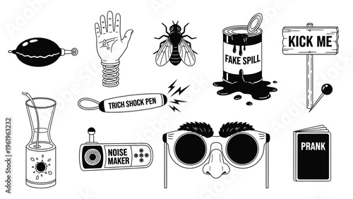 Monochrome line art illustration of classic pranks and humor party accessories.