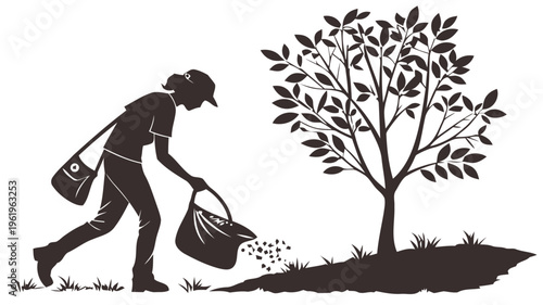 Person silhouette carrying reusable bag planting tree eco friendly living sustainability environmental conservation green initiative nature outdoors gardening recycling eco