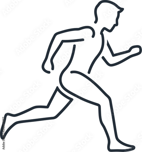 A clear and simple minimalist line art illustration depicting a dynamic male figure in an active running or jogging pose, perfect for health, fitness, and energetic motion concepts.