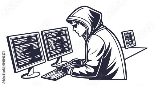 Hooded hacker sitting at multiple computer screens coding in a dark silhouette vector illustration