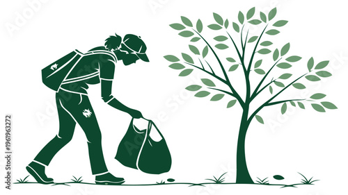 Person carrying reusable bag picking up trash near a tree eco friendly living sustainability environmental conservation