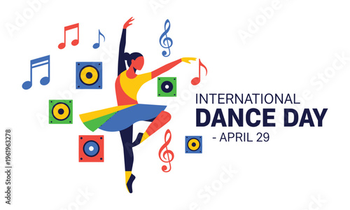 International dance day celebration with colorful dancer and music notes