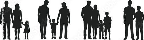 Set of family silhouette icons with parents, children, and couples standing together for community, diversity, and happy domestic life concepts