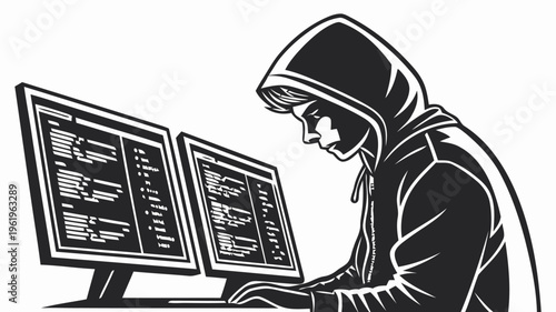 Hooded hacker sitting at computer with dual monitors displaying code in a dark silhouette vector illustration