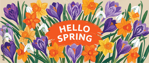 Spring cutest card or poster for the spring holiday with wildflowers, Narcissus flower, Crocus flowers. Hand drawn crayon Floral art template for Womens Day March 8, Easter, birthday and Mothers Day