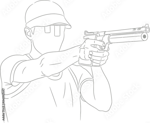 A precise line art illustration of a male athlete in a cap and protective eyewear, demonstrating a focused shooting stance while aiming a target pistol with extended arms.