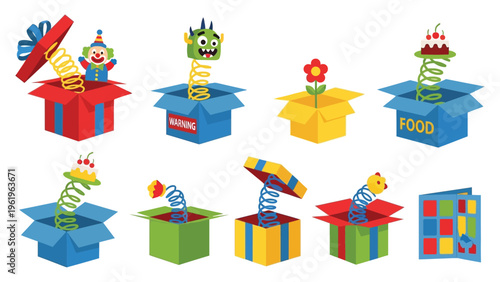 Variety of colorful surprise boxes with pop up toys and treats.