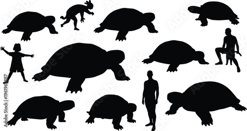 Turtle silhouette illustration, human and tortoise shadow art, animal outline design, wildlife vector graphic, reptile and people shapes