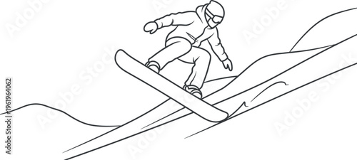 A dynamic black and white line art illustration depicts a snowboarder carving down a snowy mountain slope, showcasing the exhilarating winter sport with speed, skill, and freedom.