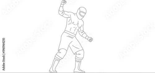 Powerful line art illustration depicting a masked professional wrestler raising his arm in a triumphant or defiant pose, symbolizing readiness, strength, and the thrill of the fight.