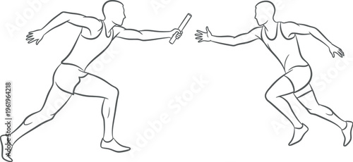 Two athletic runners in action performing a precise baton exchange during a competitive relay race event, highlighting teamwork, speed, and coordinated effort in track and field sport.