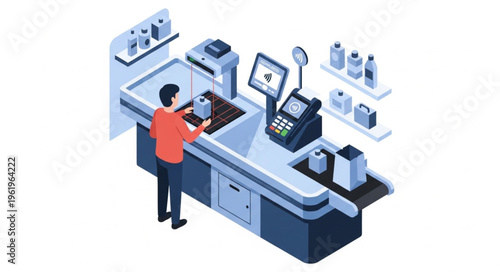 Isometric View of a Customer at a Supermarket Checkout.