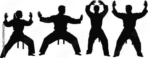 Silhouette set of martial arts fighters practicing karate and kung fu stances, group of four athletes training isolated on white