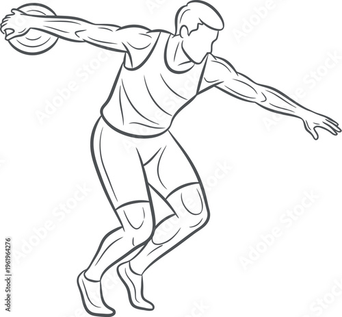 A vibrant black and white line art illustration showcasing a male athlete engaged in the powerful motion of a discus throw during a track and field competition, embodying sports excellence.