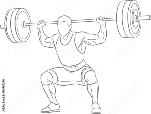 Line art illustration of a powerful male weightlifter in the midst of a heavy barbell squat, showcasing strength, dedication, and fitness in a minimalist black and white style.