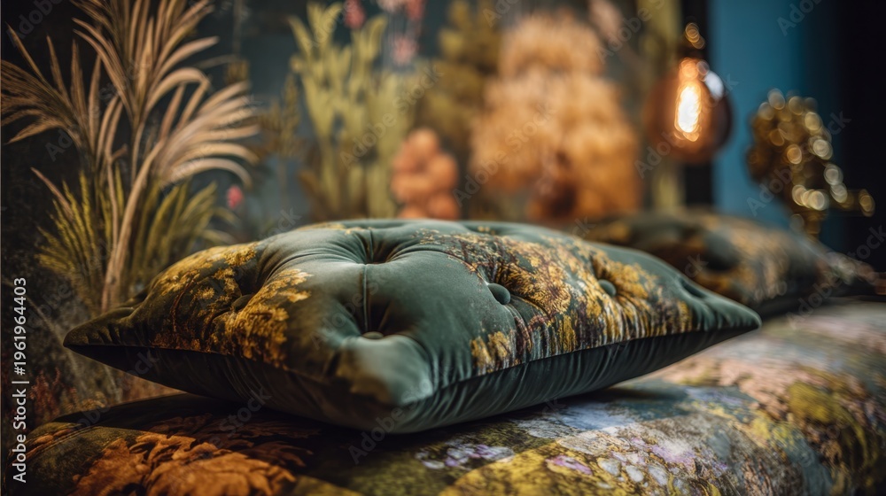 Obraz premium Deep Forest Green Velvet Tufted Cushion with Ornate Floral Pattern in Luxurious Interior Setting